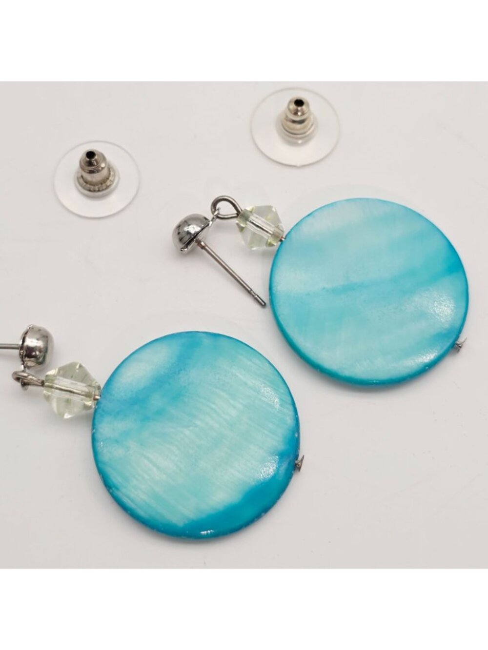 Blue Shell Disc Earrings With Crystal Accents & Silver Tone Posts 1.75" - Picture 5 of 5